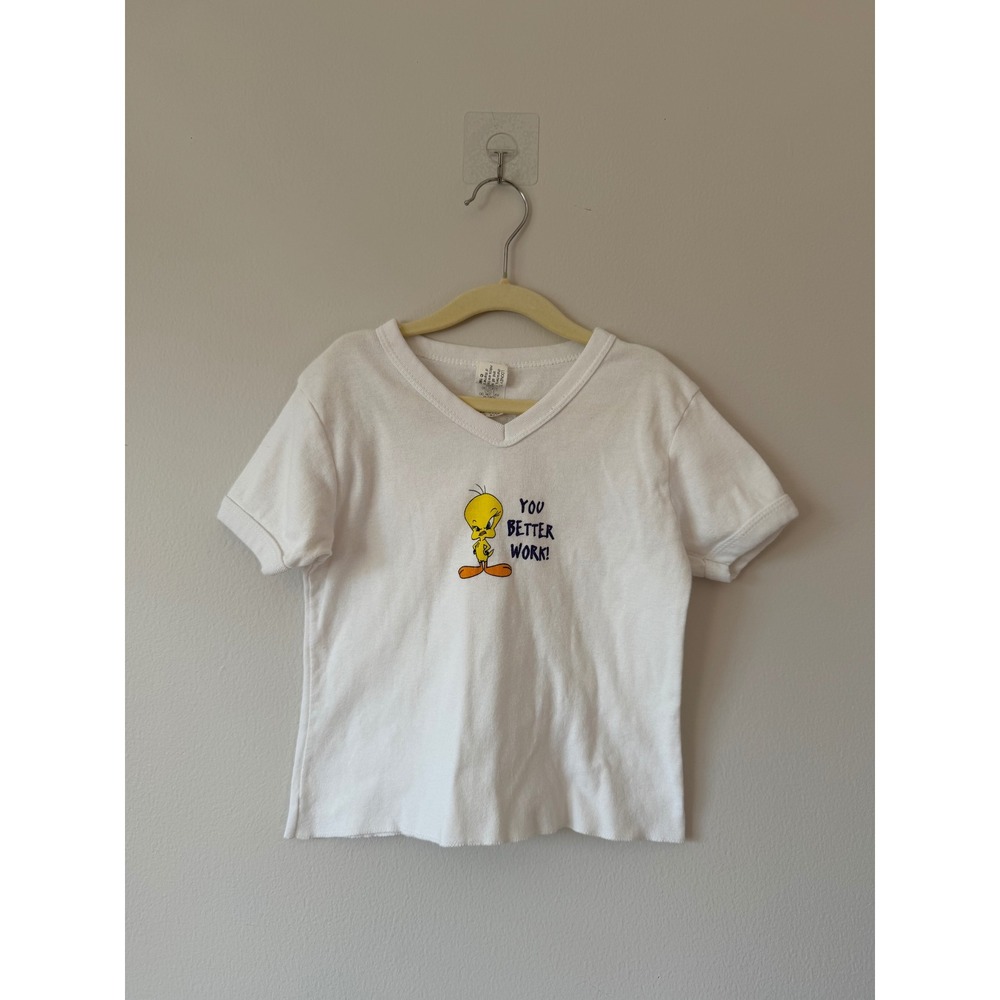 Vintage 1997 Looney Tunes Tweety Bird You Better Work White V-Neck T-Shirt Kids